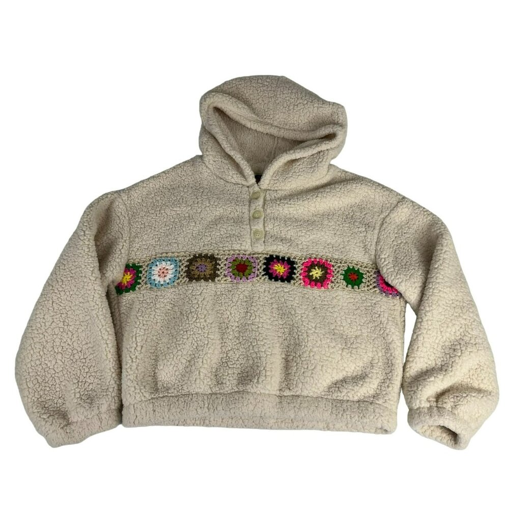 Cider Fleece Hoodie Sweater Women's M Beige Pullover Floral Crochet Winter Fall - Picture 1 of 4